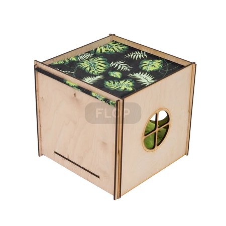 Großes Haus mit Dach, Hängematte und Kissen für Kaninchen - Blätter auf schwarzem Hintergrund