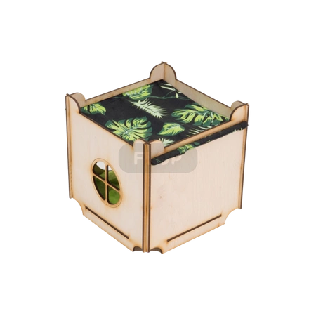 Haus mit Dach und Hängematte und weichem Kissen für Kleintiere - Blätter auf schwarzem Hintergrund