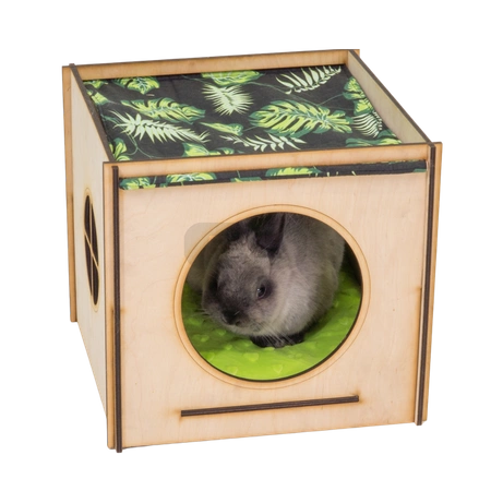 Großes Haus mit Dach, Hängematte und Kissen für Kaninchen - Blätter auf schwarzem Hintergrund