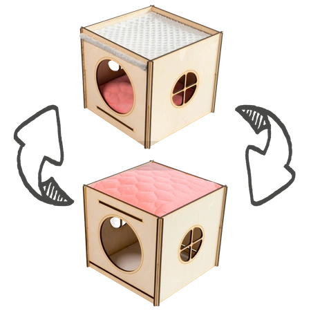 Großes Haus mit Dach und Hängematte aus grauem Minky-Fleece und korallenroter Kissen für Kaninchen