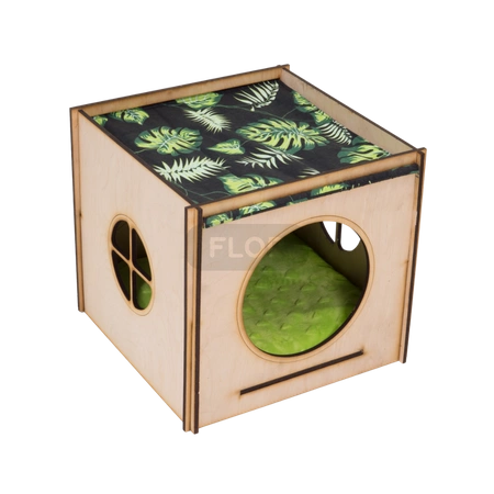 Großes Haus mit Dach, Hängematte und Kissen für Kaninchen - Blätter auf schwarzem Hintergrund