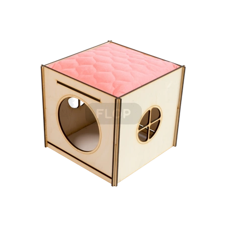 Großes Haus mit Dach und Hängematte aus grauem Minky-Fleece und korallenroter Kissen für Kaninchen