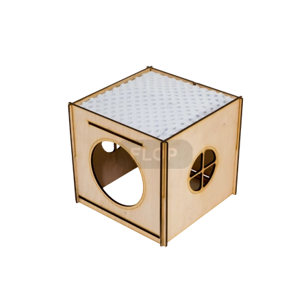 Großes Haus mit Dach und Hängematte aus grauem Minky-Fleece und Kissen für Kaninchen