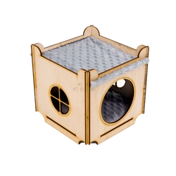 Haus mit Dach und Hängematte und weiches Kissen aus grauem Minky-Fleece für Kleintiere