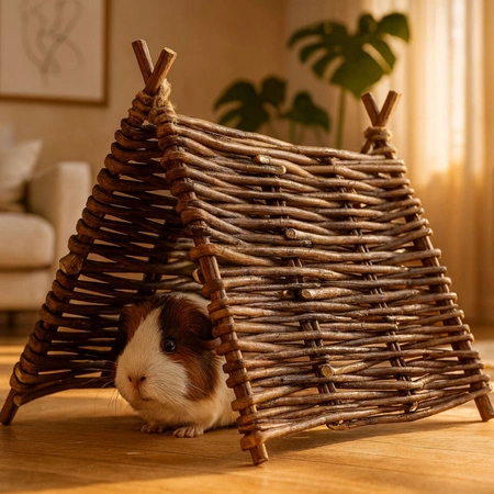 Weidenhütte für Kleintiere – natürliches Haus, Tunnel und Knabber-Spielzeug 3in1