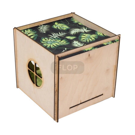 Großes Haus mit Dach, Hängematte und Kissen für Kaninchen - Blätter auf schwarzem Hintergrund