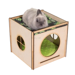 Großes Haus mit Dach, Hängematte und Kissen für Kaninchen - Blätter auf schwarzem Hintergrund