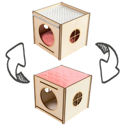 Großes Haus mit Dach und Hängematte aus grauem Minky-Fleece und korallenroter Kissen für Kaninchen