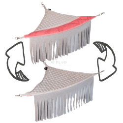 Eckhängematte mit Fransen aus grauem Minky-Fleece und korallenroter Steppung für Kleintiere