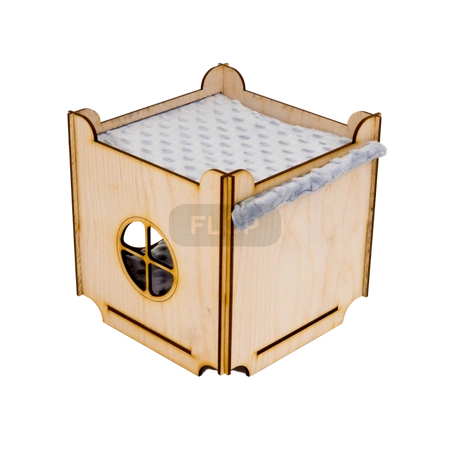 Haus mit Dach und Hängematte und weiches Kissen aus grauem Minky-Fleece für Kleintiere