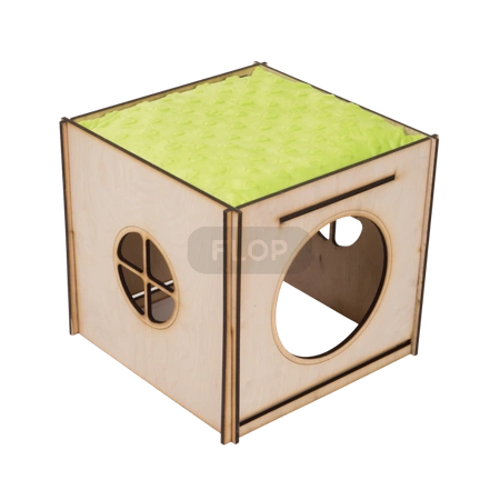 Großes Haus mit Dach, Hängematte und Kissen für Kaninchen - Blätter auf schwarzem Hintergrund