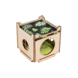 Haus mit Dach und Hängematte und weichem Kissen für Kleintiere - Blätter auf schwarzem Hintergrund