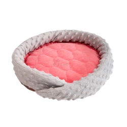 Rundes Kuschelbett aus grauem Minky-Fleece und korallenroter Decke für Kleintiere