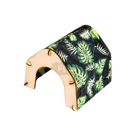 Zelt mit Textilbezug für Kleintiere - Blätter auf schwarzem Hintergrund