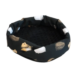 Schwarzes rundes Kuschelbett mit Meerschweinchenmotiv für Kleintiere