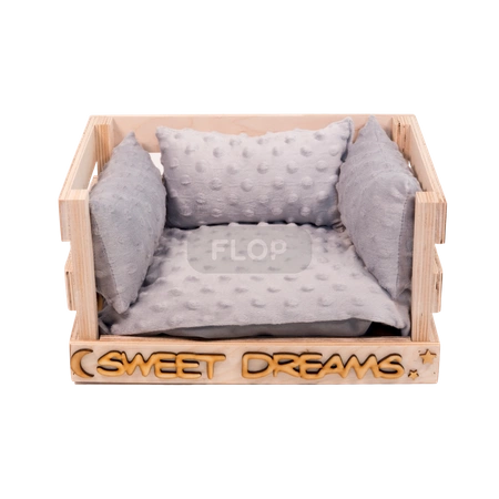 Schachtelhaus mit wasserdichtem grauem Minky-Fleecekissen und FLOP Mini-Kissen für Kleintiere