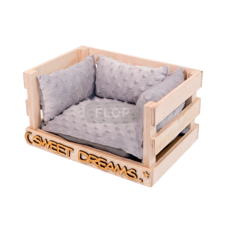 Schachtelhaus mit wasserdichtem grauem Minky-Fleecekissen und FLOP Mini-Kissen für Kleintiere