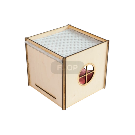 Großes Haus mit Dach und Hängematte aus grauem Minky-Fleece und korallenroter Kissen für Kaninchen